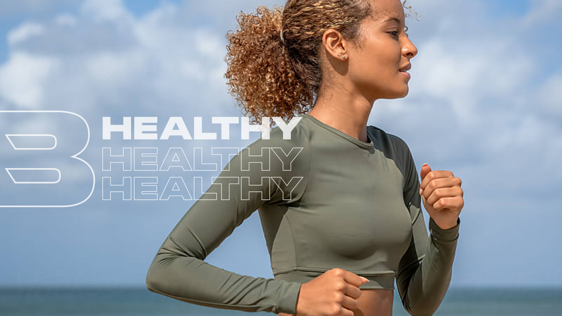 An empowered woman running on the beach, symbolizing vitality and freedom, with the text overlay 'Be Healthy, Be Active, Be You, Be Comfortable,' capturing the essence of Byron Sun's active wear.